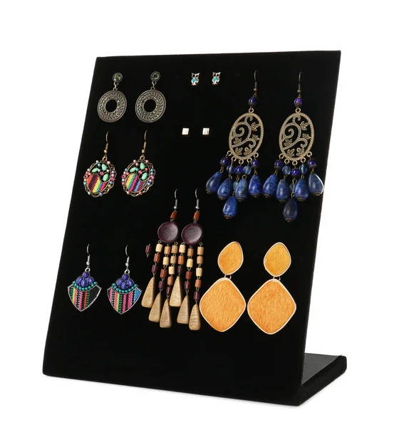 Display Stand Different Earrings White Background — Zdjęcie stockowe