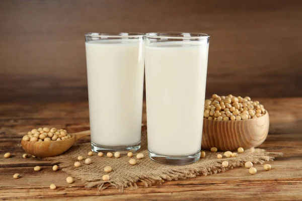Glasses Fresh Soy Milk Grains Wooden Table — стоковое фото