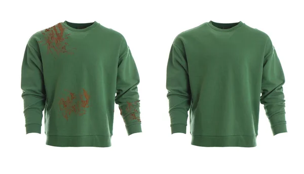 Stijlvolle Sweater Voor Het Wassen Witte Achtergrond Collage Chemisch Reinigen — Stockfoto