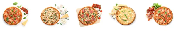 Set Mit Verschiedenen Leckeren Pizzen Und Zutaten Auf Weißem Hintergrund — Stockfoto