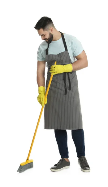 Young Man Yellow Broom White Background — Stock Photo, Image