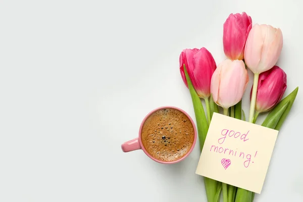 Tasse Café Aromatique Belles Tulipes Roses Note Good Morning Sur — Photo