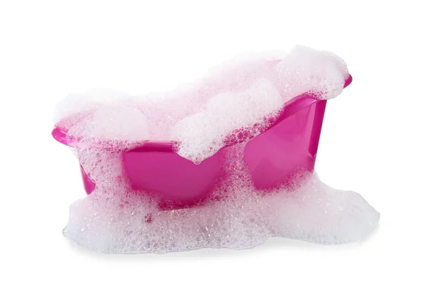 Рожева Іграшкова Ванна Піною Ізольована Білому — стокове фото