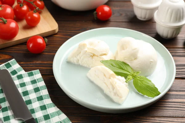 Delicious Burrata Cheese Basil Served Wooden Table — Zdjęcie stockowe