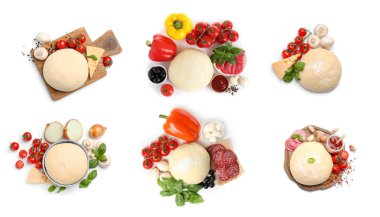 Beyaz arka planda hamur ve lezzetli pizzalar için farklı malzemelerle ayarlanmış, üst görünüm