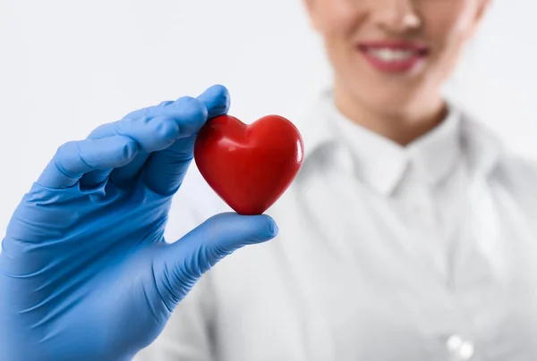 Doctor Holding Red Heart White Background Closeup Space Text Cardiology — Stock Photo, Image