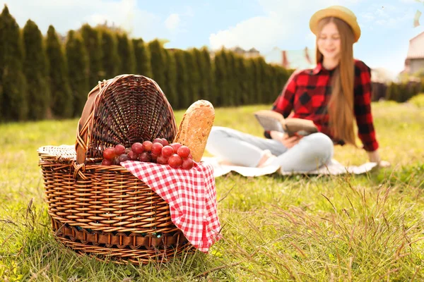 Lány Olvasókönyv Parkban Összpontosítson Fonott Piknik Kosár — Stock Fotó