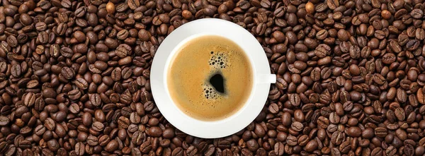 Cup Tasty Aromatic Coffee Roasted Beans Top View Banner Design — Φωτογραφία Αρχείου