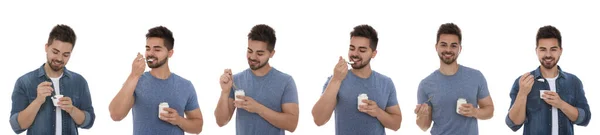 Коллаж Фотографиями Молодого Человека Вкусным Йогуртом Белом Фоне Баннерный Дизайн — стоковое фото