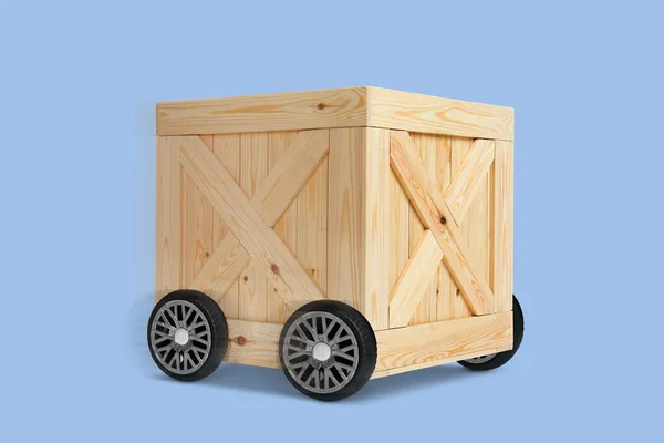 ライトブルーの背景に対する車輪の上の木製の箱 配送の業務 — ストック写真