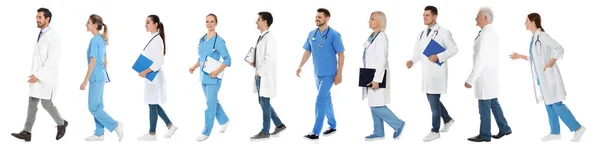 Collage Mit Fotos Von Ärzten Auf Weißem Hintergrund Banner Design — Stockfoto