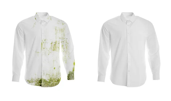 白を基調に洗った前後のおしゃれなシャツ コラージュ ドライクリーニングサービス — ストック写真