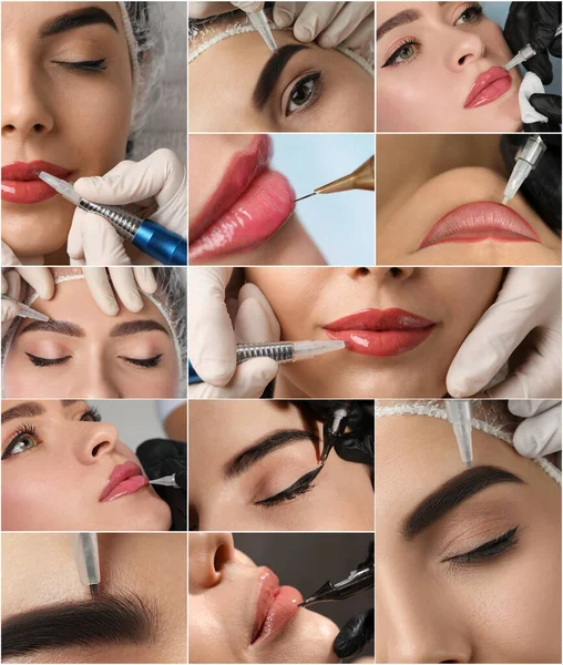 Collage Different Photos Women Undergoing Permanent Makeup Procedures — Stock Photo, Image