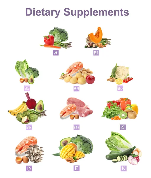 Set Met Verse Producten Rijk Aan Verschillende Vitaminen Voedingssupplementen — Stockfoto
