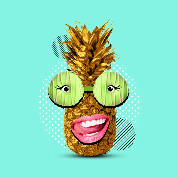 Golden pineapple with donut eyeglasses smiling on colorful background. Summer party concept. Bright creative collage design