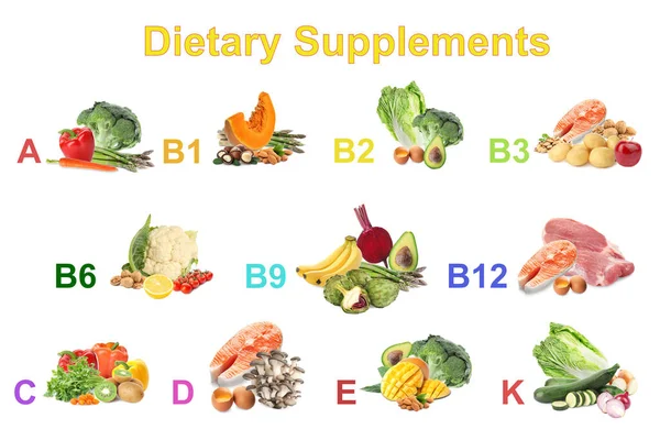 Set Met Verse Producten Rijk Aan Verschillende Vitaminen Voedingssupplementen — Stockfoto
