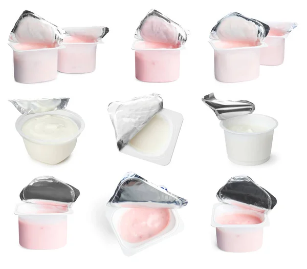 Set Con Gustosi Yogurt Sfondo Bianco — Foto Stock