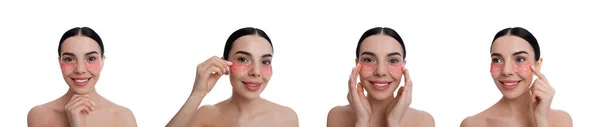Collage Der Schönen Frau Mit Kosmetik Unter Augenklappen Auf Weißem — Stockfoto