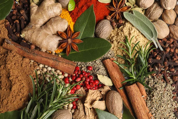 Different Fresh Herbs Aromatic Spices Background Top View — Zdjęcie stockowe
