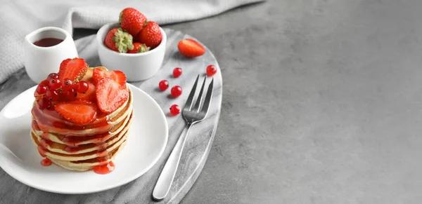 Tasty Pancakes Berries Served Grey Table Space Text Banner Design — Stock Photo, Image