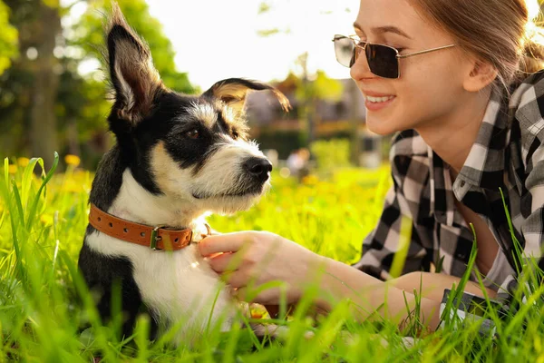 Teenage Girl Her Cute Dog Resting Green Grass Park — Stock Photo, Image