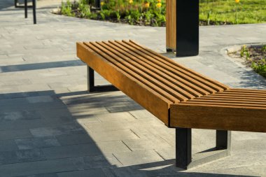 Güneşli bir sabahta şehir parkında ahşap bir bank.