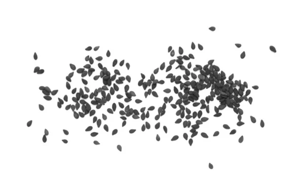 Beyaz Arkaplanda Dağınık Siyah Susam Tohumları Üst Görünüm — Stok fotoğraf