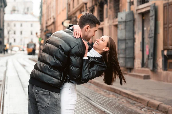 Lovely Young Couple Walking Together City Street Romantic Date — стоковое фото