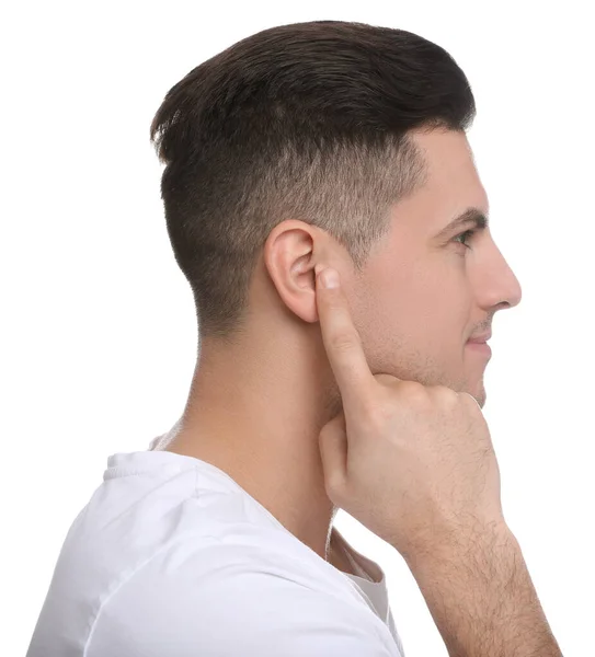 Man Pointing His Ear White Background — Stock Fotó