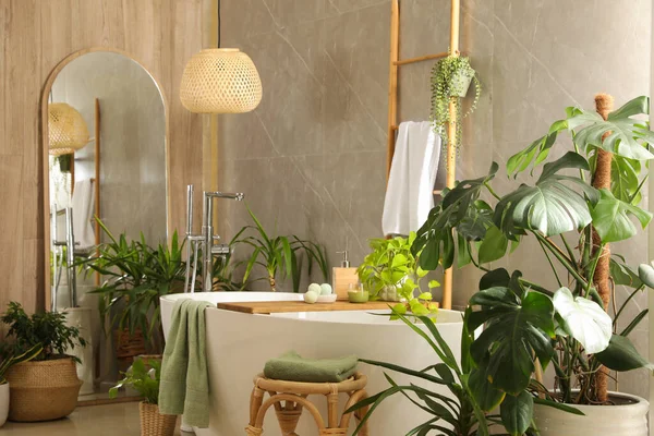 Moderní Bílá Vana Krásné Zelené Rostliny Koupelně Návrh Interiéru — Stock fotografie