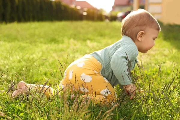 Schattig Klein Kind Kruipend Groen Gras Buiten — Stockfoto