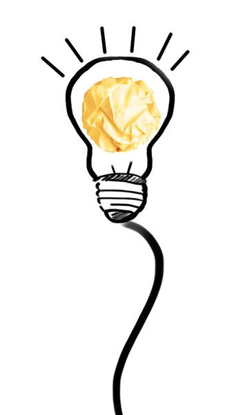 Gelbe Zerknüllte Papierkugel Und Gezeichnete Lampenlampe Auf Weißem Hintergrund — Stockfoto
