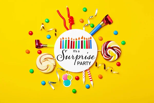 Flat Lay Composition Different Items Surprise Party Yellow Background — Fotografia de Stock