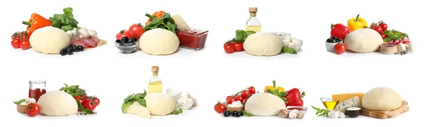 Conjunto Com Massa Ingredientes Diferentes Para Pizzas Saborosas Fundo Branco — Fotografia de Stock