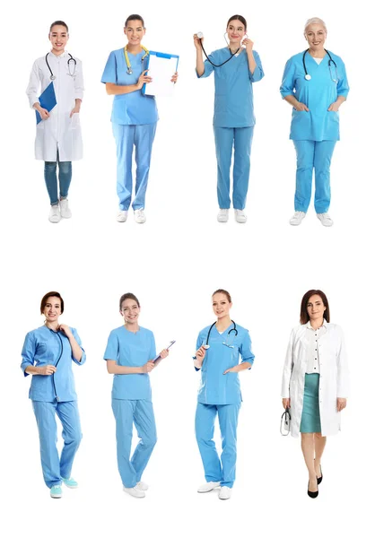 Collage Mit Fotos Von Ärzten Auf Weißem Hintergrund — Stockfoto