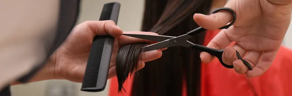 Stylist Cutting Hair Client Professional Salon Closeup Banner Design — Stock Photo, Image