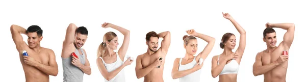 Collage Con Fotos Personas Aplicando Desodorantes Las Axilas Sobre Fondo — Foto de Stock