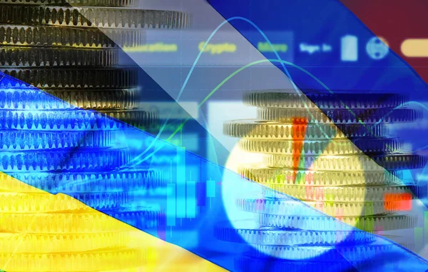 Többszörös Kitettség Ukrán Orosz Zászlók Érmék Digitális Tőzsdei Diagramok — Stock Fotó