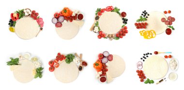 Mangır ve lezzetli pizzalar için farklı malzemelerle beyaz arka planda, üst tarafta. Pankart tasarımı