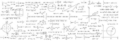 Beyaz arka planda birçok farklı matematik formülü, illüstrasyon. Cebir ve Geometri