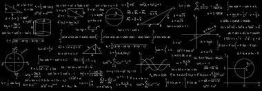 Tahtaya yazılmış bir sürü farklı matematik formülü var. Cebir ve Geometri