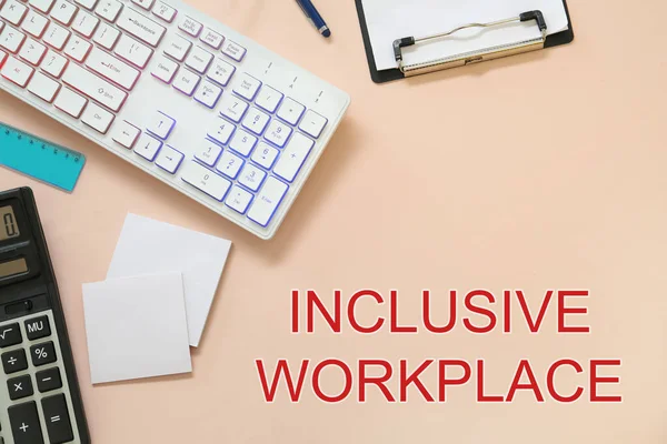 Inclusive workplace. Flat lay composition with computer keyboard on pink background