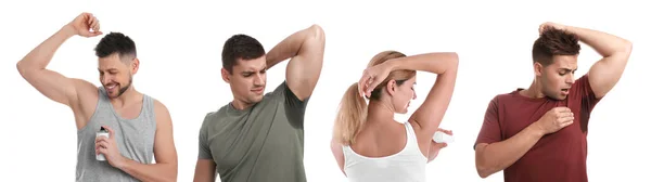 Collage Con Foto Persone Che Applicano Deodoranti Alle Ascelle Con — Foto Stock