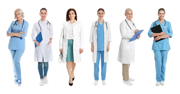 Beyaz Arkaplandaki Doktorların Fotoğraflarıyla Kolaj Pankart Tasarımı — Stok fotoğraf