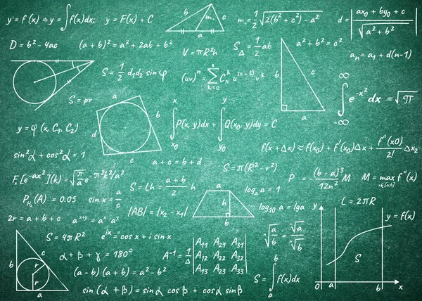 Muitas Fórmulas Matemáticas Diferentes Escritas Chalkboard Álgebra Geometria — Fotografia de Stock