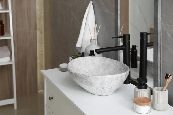 Stone Vessel Sink Faucet Toiletries White Countertop Bathroom — Stock Photo, Image