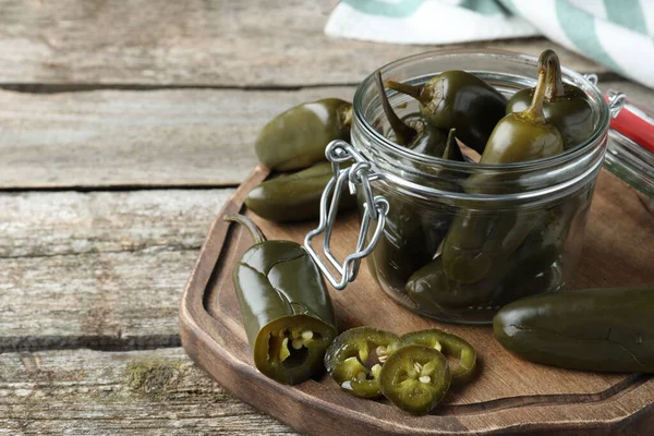 Pickled Green Jalapeno Peppers Wooden Table Space Text — Stok fotoğraf