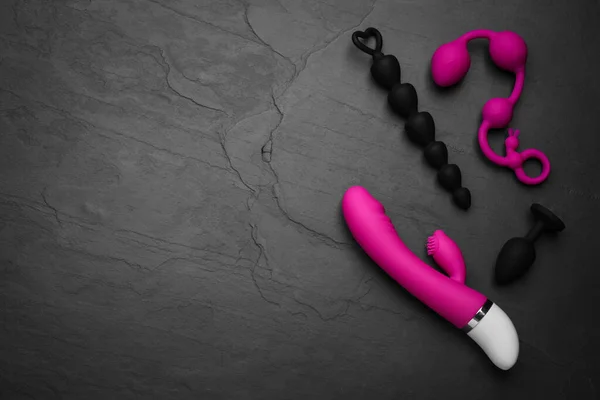 Sex Toys Black Background Flat Lay Space Text — Stock fotografie