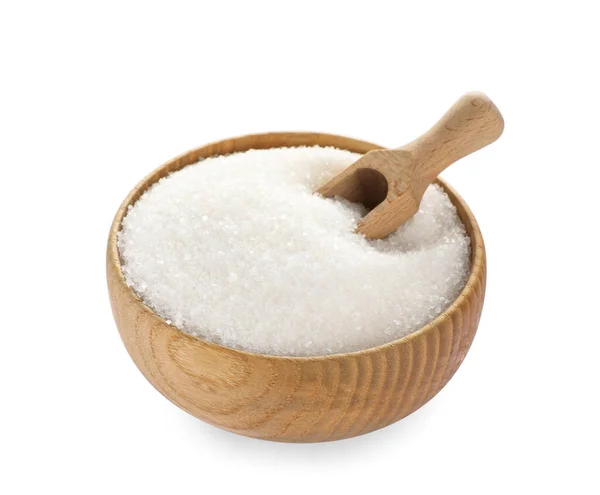 Granulated Sugar Scoop Wooden Bowl Isolated White — Stock Photo, Image