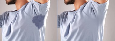 Gri arka planda deodorant kullanmadan önce ve sonra tişörtlü adam, yakın plan.
